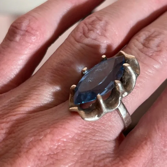 Antique art Deco Oversized Marquee Blue Topaz Brutalist Sterling Silver Ring - Picture 16 of 17